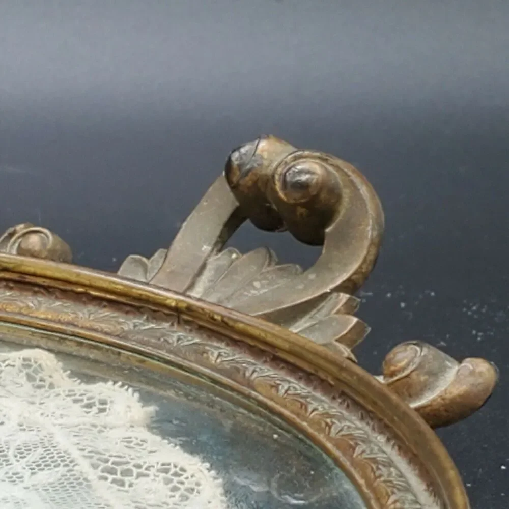 Etchardt VTG Antique 1920's Vanity Tray Silver Handles Lace Glass Brass Copper